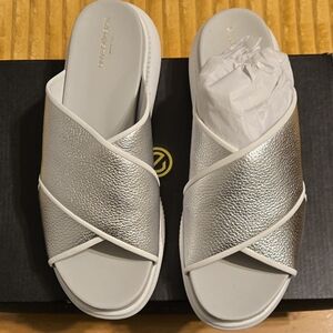 Cole Haan Silver Metallic Crossband Slide Sandals
